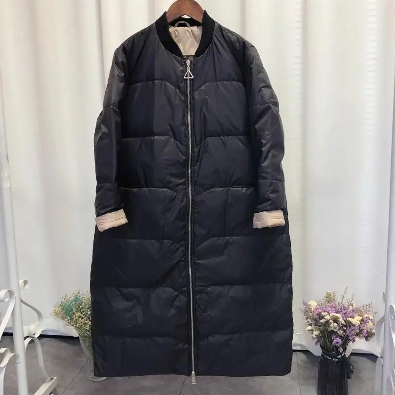 FTLZZ Новая зимняя Женская куртка на молнии с белым утиным пухом, Свободное длинное пальто, черные парки, женская теплая зимняя верхняя одежда - Цвет: Black