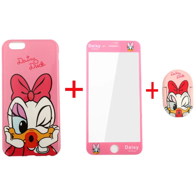 

3 in 1 Phone Case + Glass Screen + Ring Holder Cases for IPhone XS Max XR X 8 7 6 6s Plus 10 Back Cover Cartoon Mouse Women Etui