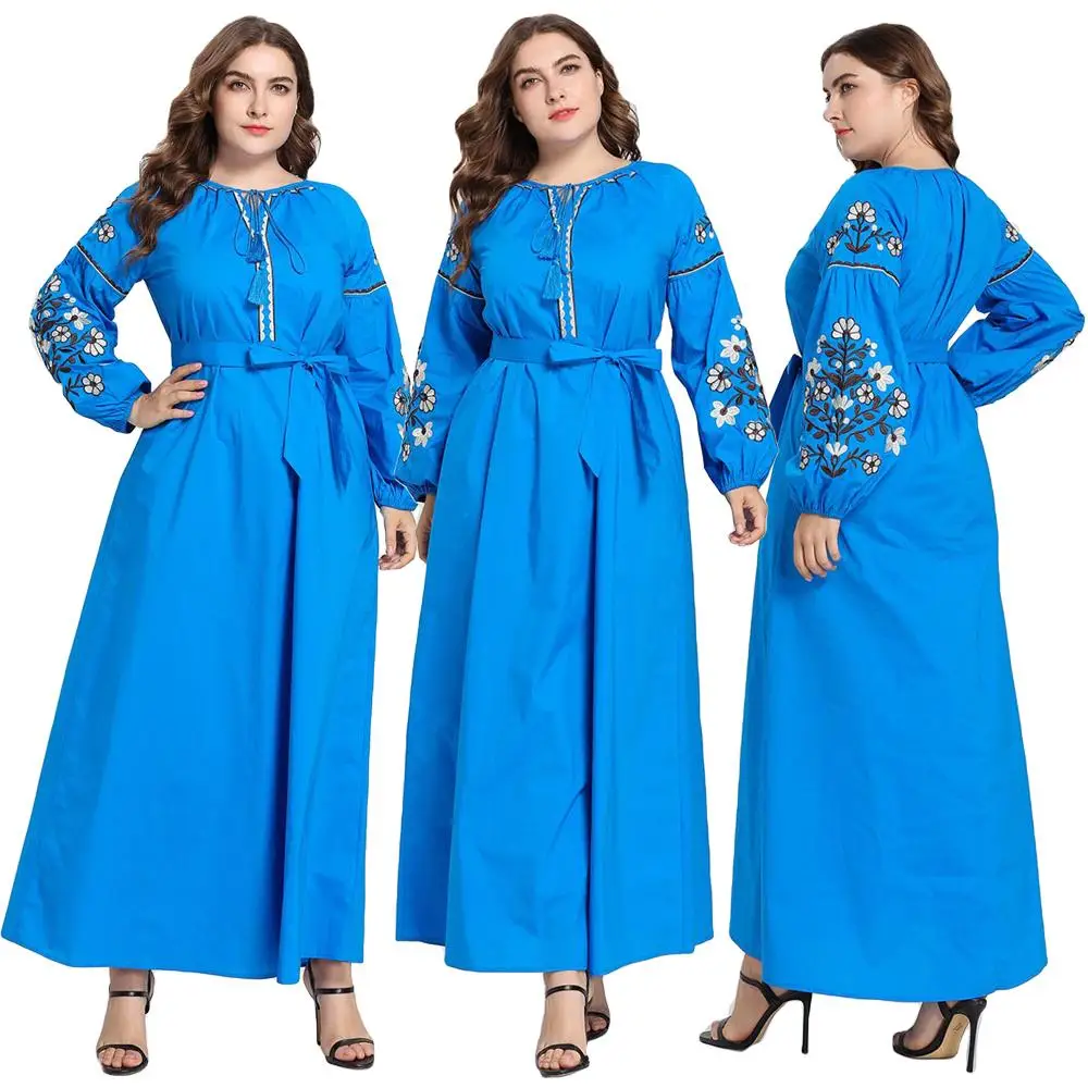 Плюс Размер Женская Вышивка Абая, для мусульман вечерние коктейльные кафтан одежда, макси платье Арабский исламский одежда О-образным вырезом свободное платье Новинка - Цвет: Синий