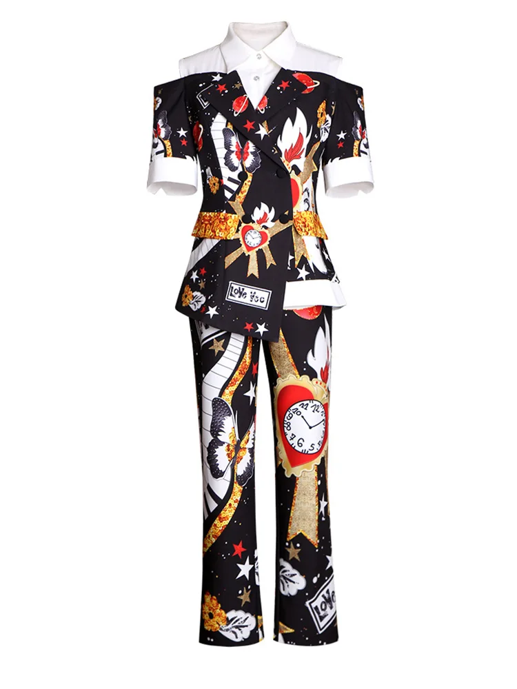 Svoryxiu модные дизайнерские осенние брюки костюмы женские с коротким рукавом двубортное пальто+ брюки винтажные с принтом комплект из двух предметов - Цвет: Многоцветный