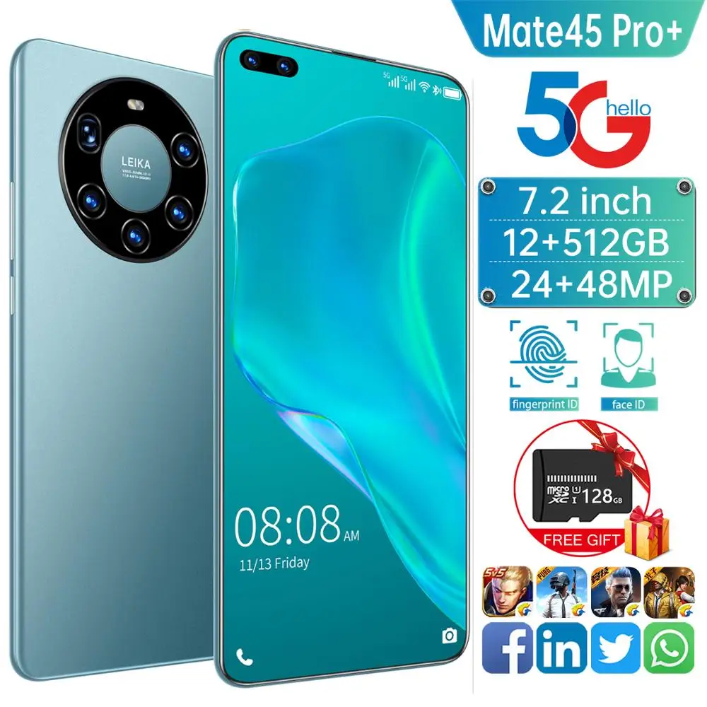 Mate45Pro+ 7.2 Inch Full screen Dual SIM Mobile Smart Phone Global 5G LTE Bands 24+18MP Anriod 10.0 Cellphones MTK6889