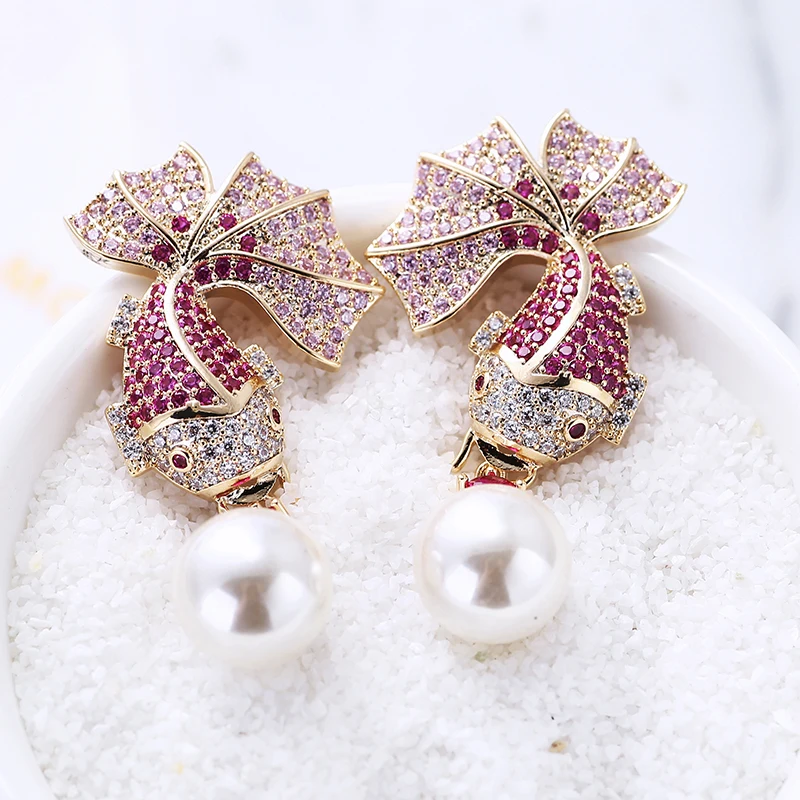 Cute Animal Earrings Luxury CZ Zircon Stone Wedding Jewelry Personalized Carp Shape Design Fashion Women Drop Earrings Brazil