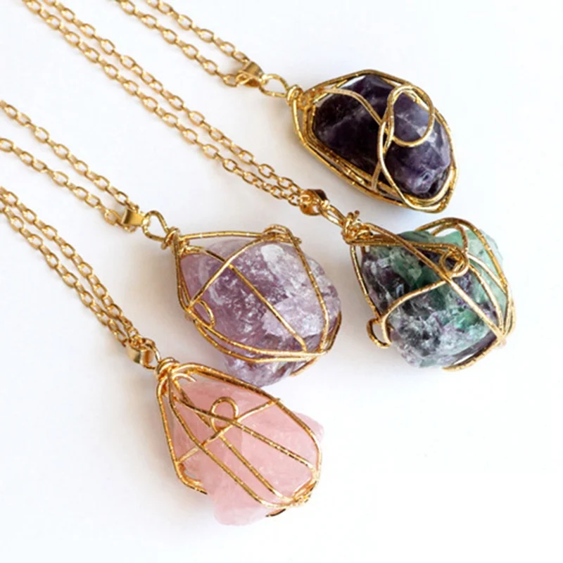 Trendy Alloy Multicolour Natural Stone Chain Necklace Rhinestone Quartz Pendant Charms Necklaces Collar