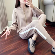 Спортивный костюм женский осенний модный вязаный костюм женский корейский спортивный свитер от ветра Двухсекционный студенческий дикий вязаный брюки осень