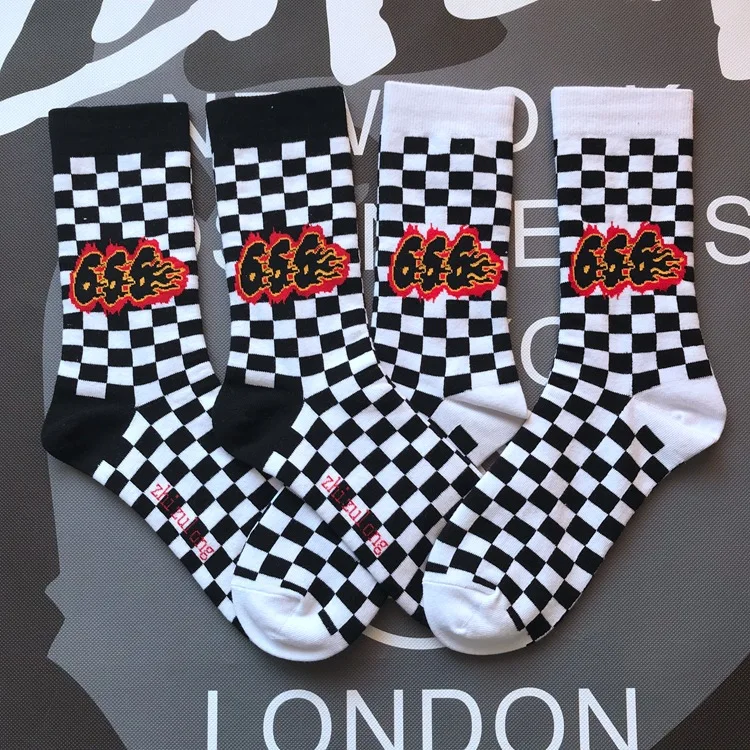 Adult Size Mid Calf Crew Socks Orange Fire 666 Three Six Flame Check Chequered International Chess Black White Lattice Creative