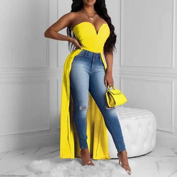 

2020 Sexy Strapless Off Shoulder Tube Top Summer Swallowtail Hem Party Night Club Yellow Plus Size African Women Long Tank Tops