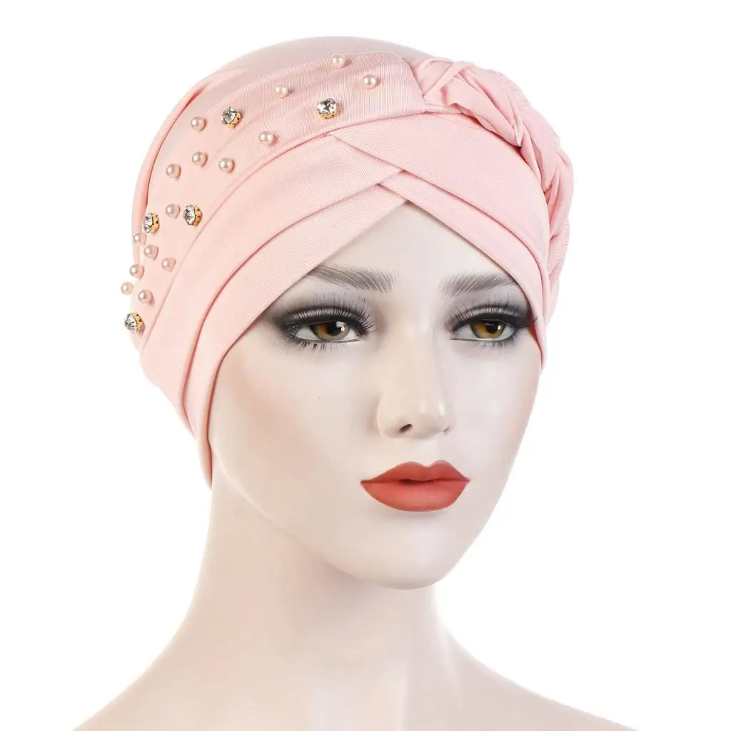 Pink Женский тюрбан бусы мусульманская оплетка головной убор крышка раковая Кепка chemo шляпа исламский, арабский береты бини Skullies головной убор Новинка - Цвет: Pink