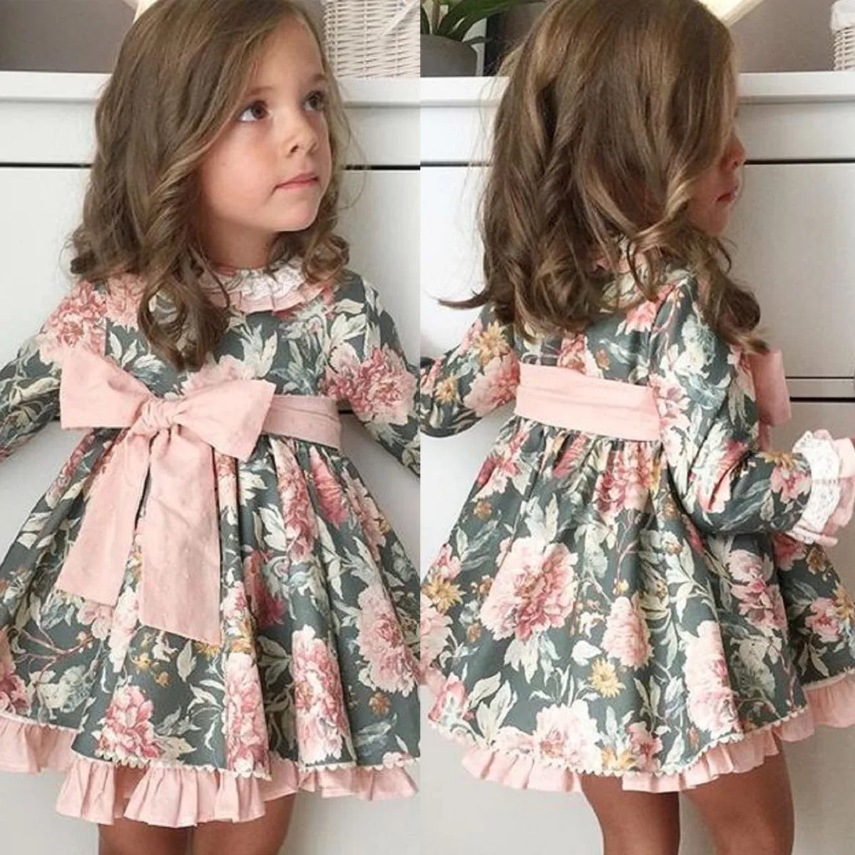 Детское платье-пачка с длинными рукавами и бантом для маленьких девочек; платье-пачка в стиле пэчворк с цветочным принтом; праздничное платье принцессы; осенняя одежда