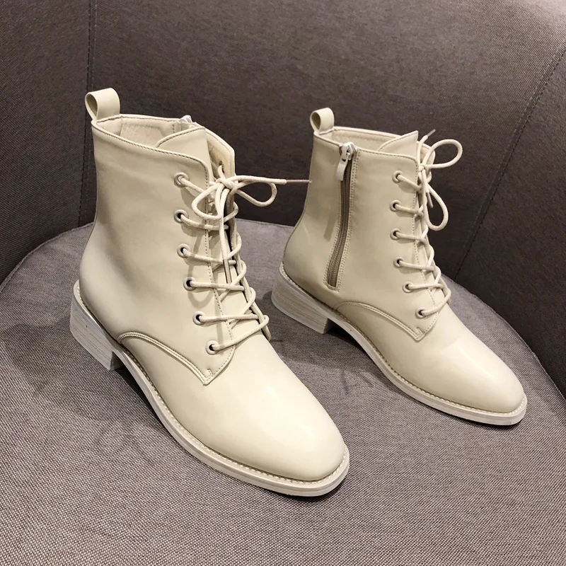 

2020 Autumn Boots Rock Shoes Woman Booties Ladies Flat Heel Low Heels booties Lace Up Luxury Designer Round Toe Martins