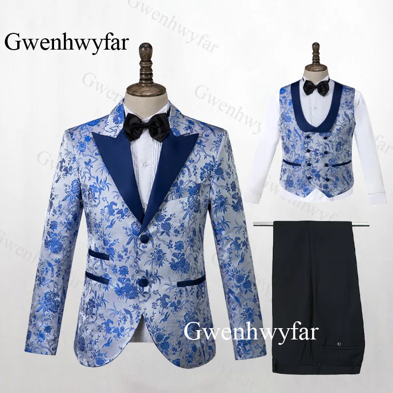 Gwenhwyfar, мужские свадебные костюмы, серебро,, Terno Masculino, мужской костюм, жилет с брюками, 3 штуки, мужские, облегающие, пиковый воротник, синий, Цветочный