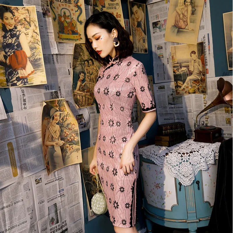 Женское розовое кружевное платье Qipao Cheongsam, короткое вечернее кружевное платье, элегантный традиционный китайский стиль, Chipao, Осень-зима
