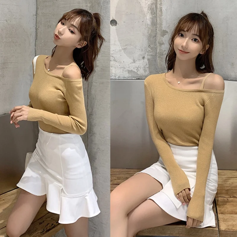 M Women's Clothing Autumn Fashion Slim string Slanted Solid Color Knit Bottoming tops Sweater Women Ladies Maglioni Donna!