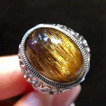 

AAAAA Natural Gold Rutilated Quartz Women Men Adjustable Ring 925 Silver 17x12mm Round Sphere Ball Beads AAAAA Certificate