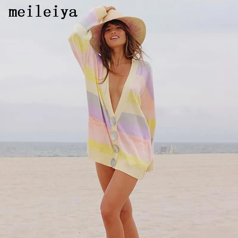 

meileiya Knitted Cardigan sweater Women 2019 Autumn Simple stripe Easy Bottom Clothing Sweater Fashion Cardigan for Female