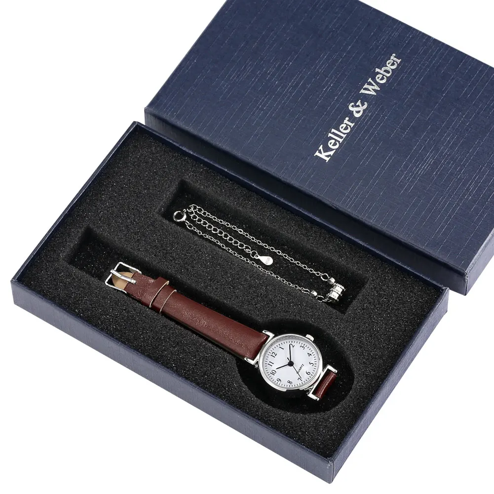 Business Women Quartz Watch Noble Brown Leather Strap Watch Silver Bracelet Ladies Christmas Gifts Set with Box for Mother