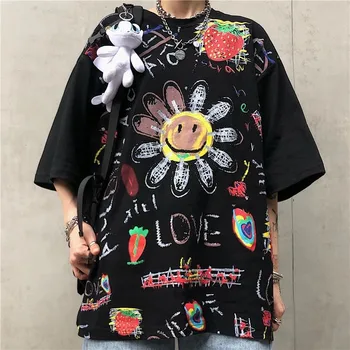 

black and white hip hop punk t shirt streetwear graffiti printed short sleeve mens t shirts summer tops couple clothes t-shirt