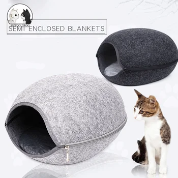 

Egg Shape Semi Enclosed Pet Cat Bed Cat Dog Zipper Felt Cloth Sleeping Bag Warm All Around Cat Nest Detachable Cushion Mat House