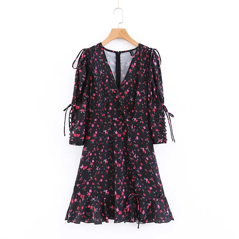 

2018 Europe And America WOMEN'S Dress Autumn Retro Palace Style V-neck Floral Printed Dress 8844