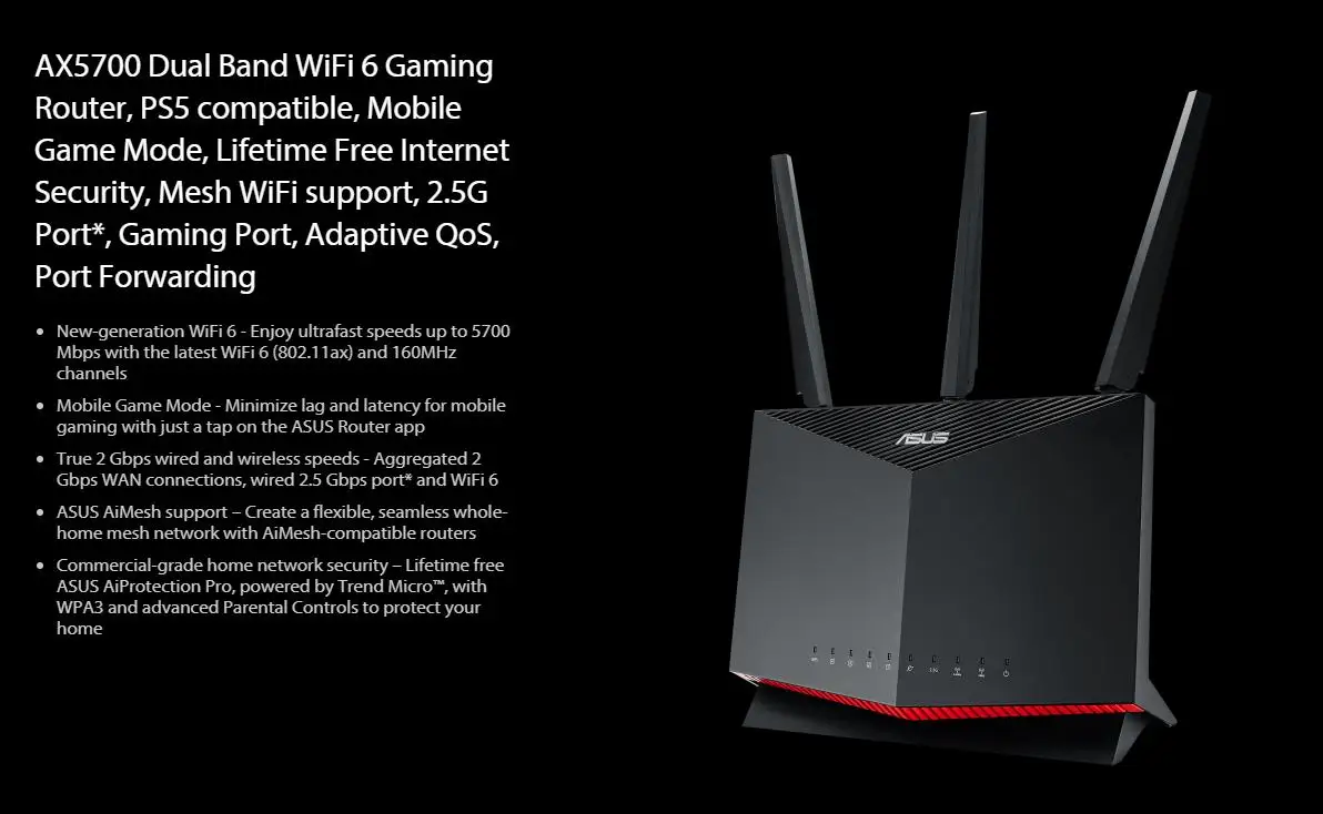 up to 2500 sq ft & 35+ Devices 2.5G Port Lifetime Free Internet Security WiFi 6 Gaming Router 802.11ax ASUS RT-AX86U AX5700 Dual Band Gaming Port Mesh WiFi Support NVIDIA GeForce Now 
