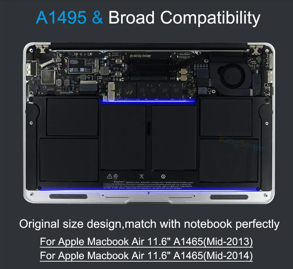 Bateria Nova do Portátil de Kingsener A1495 para Apple Macbook Air 11 A1465 2013 2022 2022 Md711ll a Md711 a Md712 a Md711 b 0208084-a Baterias p/ laptop - Imagem 6