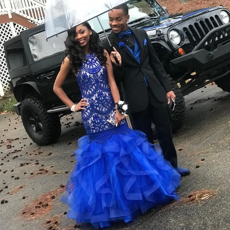 

Royal Blue Mermaid Prom Dresses African Formal Wear Tiered Skirts Lace Evening Dress Long Sexy Backless robe de soiree