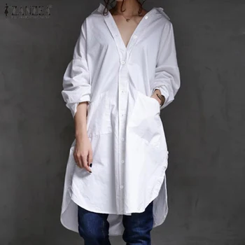 

Fashion Women Long Shirt ZANZEA Autumn Lapel Neck Long Sleeve Blouse Casual Solid Split Hem Blusas Elegant Tops Tunic Chemise
