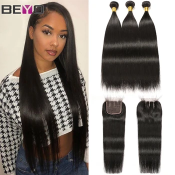 

Peruvian Straight Hair Bundles With Closure 100% Human Hair 3 Bundles With Closure Non Remy Beyo Hair Extensions Natural Color