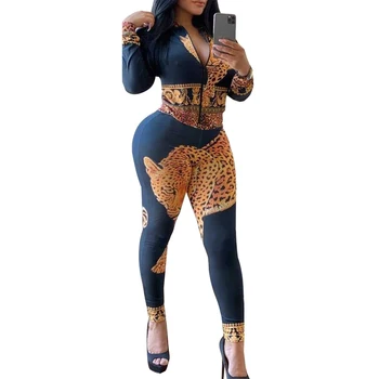 

Opslea Dashiki African Long Sleeves Sexy Cheetah Print Two Piece Suit for Women Leggings Sportswear Outfit Skinny Waist