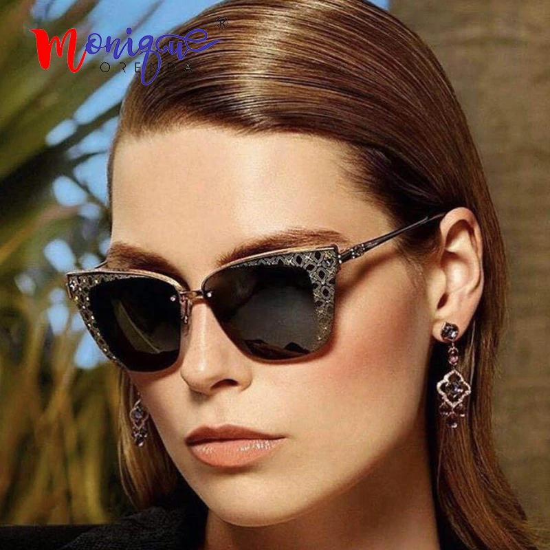 

Rimless shaped cat eye frameless sunglasses women retro rivet carving gradual lens sun glasses men eyewear oculos de sol UV400