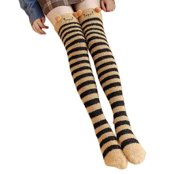 

Womens Winter Warm Coral Thick Plus Velvet Thigh High Stockings Cute Cartoon Animal Christmas Fuzzy Over Knee Long Sleep Socks