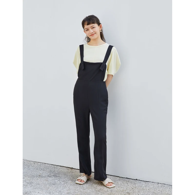ZIQIAO Japanese Petite Size Summer 2021 Black Slightly Split Overalls Casual Pants Trousers Twill Fabric Women Clothing
