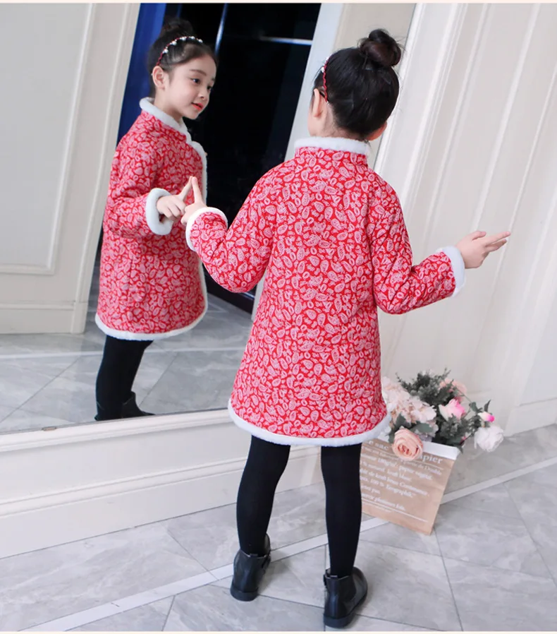 Winter New Style CHILDREN'S Cotton Wear Retro Fur Collar Cheongsam Mid-length Thick Warm Girls Padded Cotton Clothes Cotton