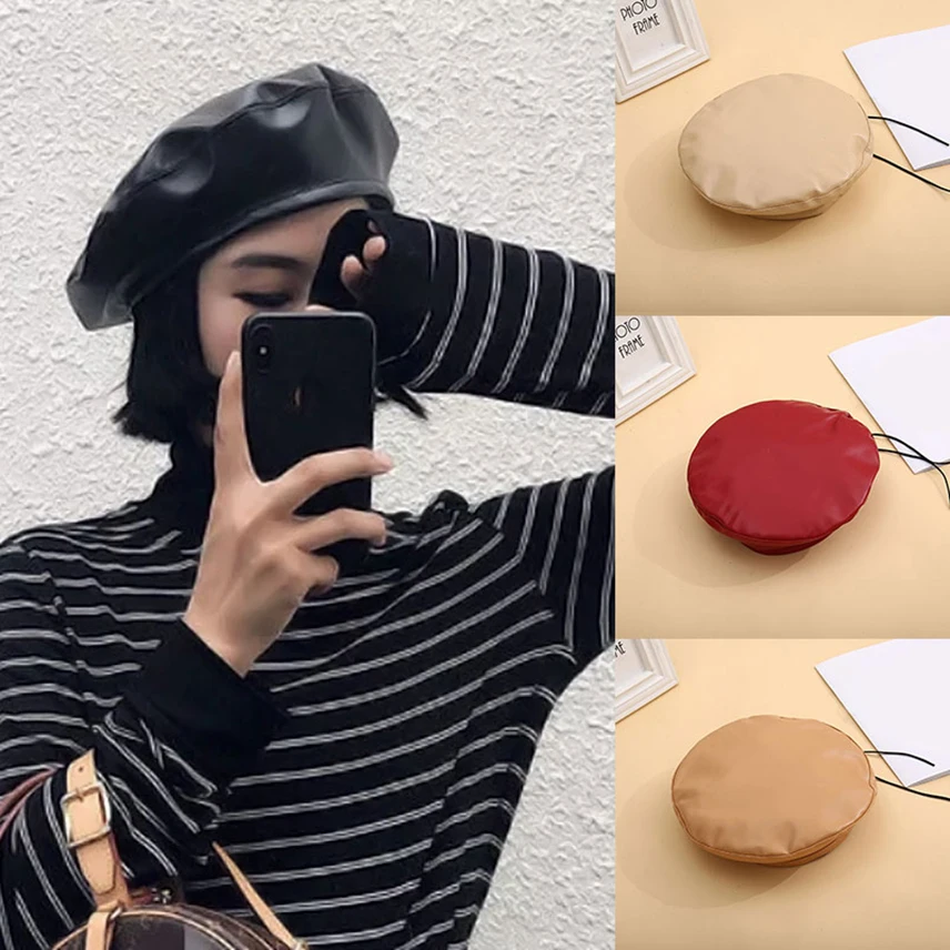 Women&amp#39s Beret Leather Cap Vintage French Artist Warm Beanie Hat Streetwear Female All-Match Solid Berets | Аксессуары для