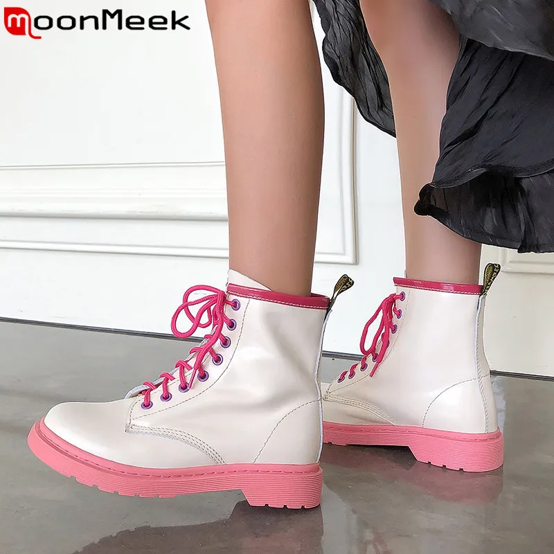 

MoonMeek fashion ladies genuine leather boots lace up ankle boots low heels autumn winter prom motorcycles boots women 2020 new