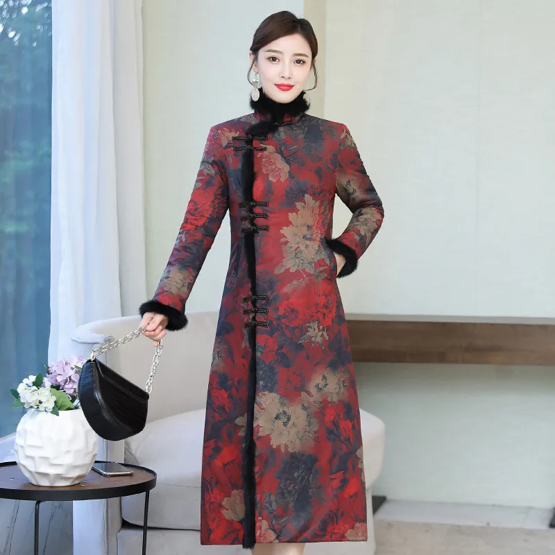 

2019 New Style Ethnic-Style Cheongsam Winter Long Sleeve Thick Warm Long Elegant Improved Padded Tops Cheongsam Formal Dress