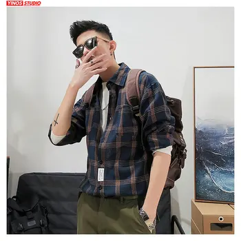 

Dropshipping 2020 Spring Striped Plaid Shirt Korean Harajuku Long Sleeve Lapel Shirts Men Streetwear Solid Tops 5XL