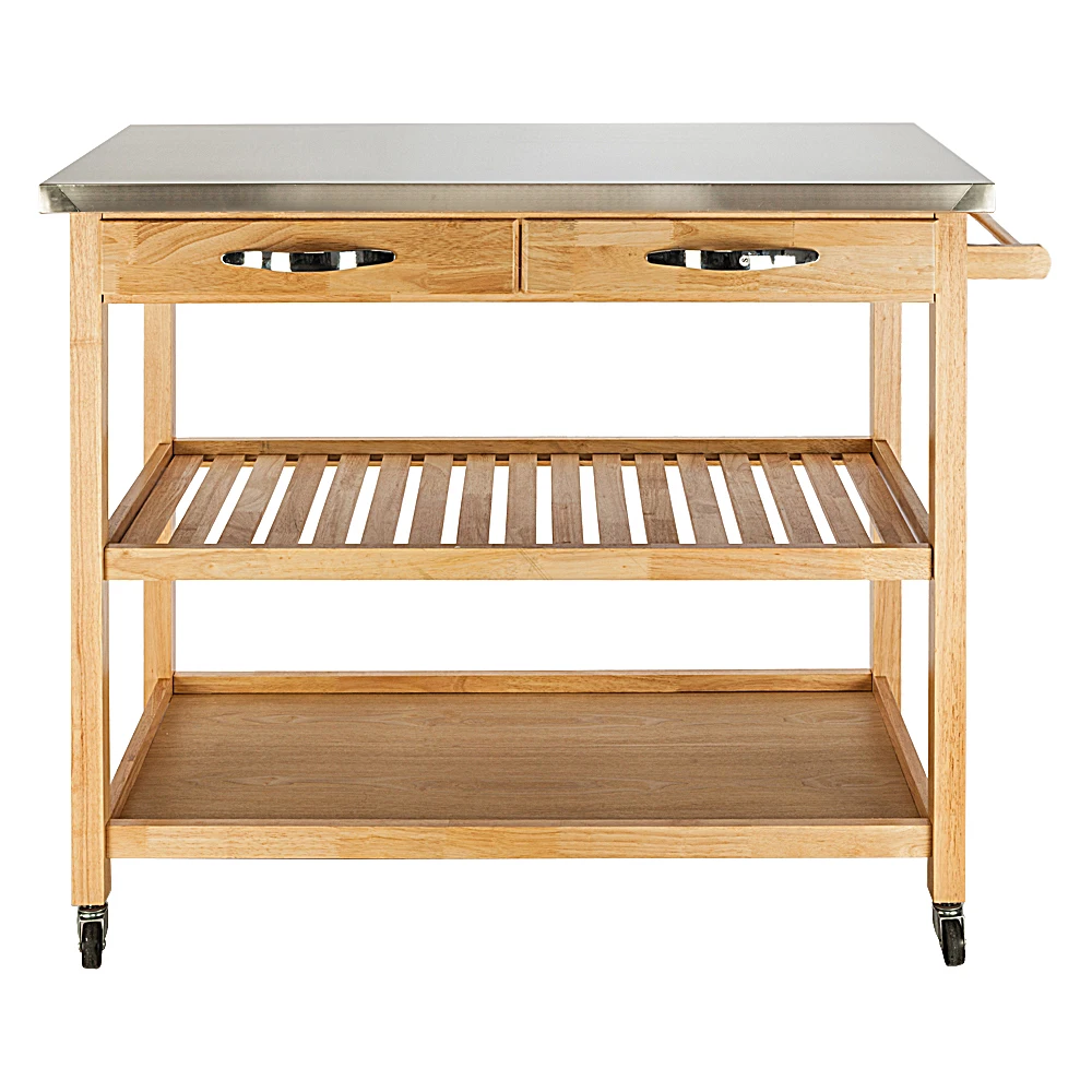  Moveable Kitchen Cart with Stainless Steel Table Top & Two Drawers & Two Shelves Burlywood - 4000155157675