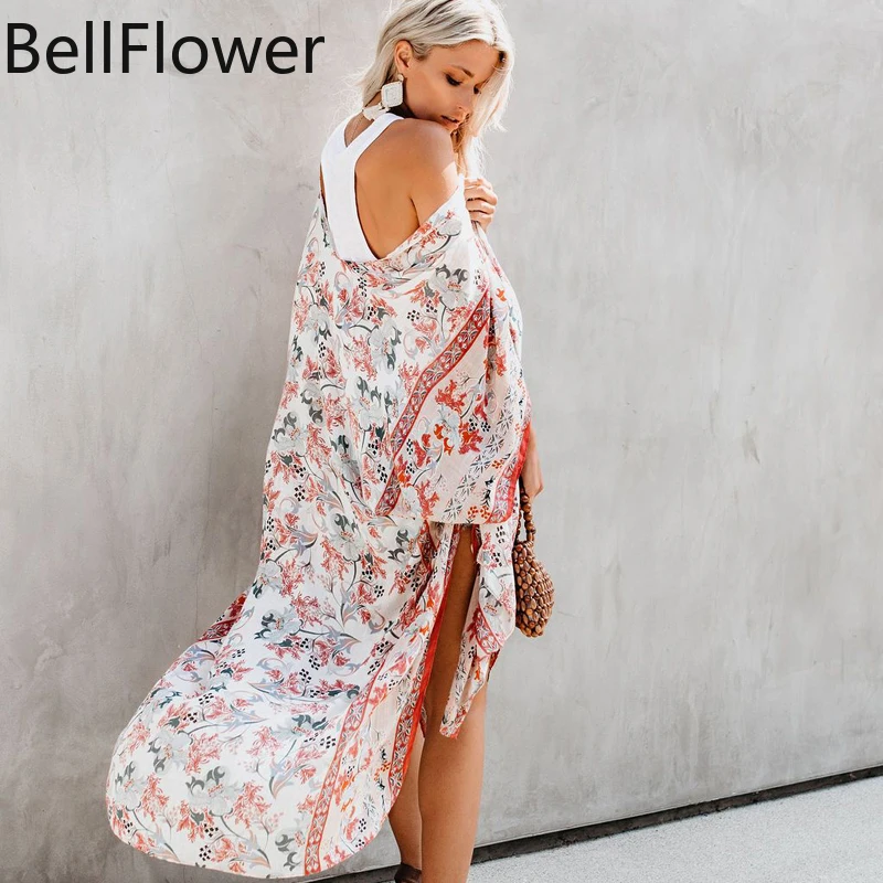 

Boho Dress Women Chiffon Floral Cover Up Loose Print Short Sleeve See Through Holiday Party Cape for Swimsuit Summer Beach Dress
