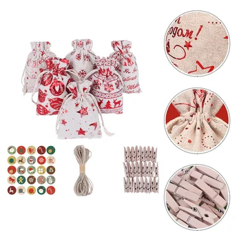 

1 Set Christmas Hanging Decor Cloth Bags Tag Stickers Clips Long Hanging Rope