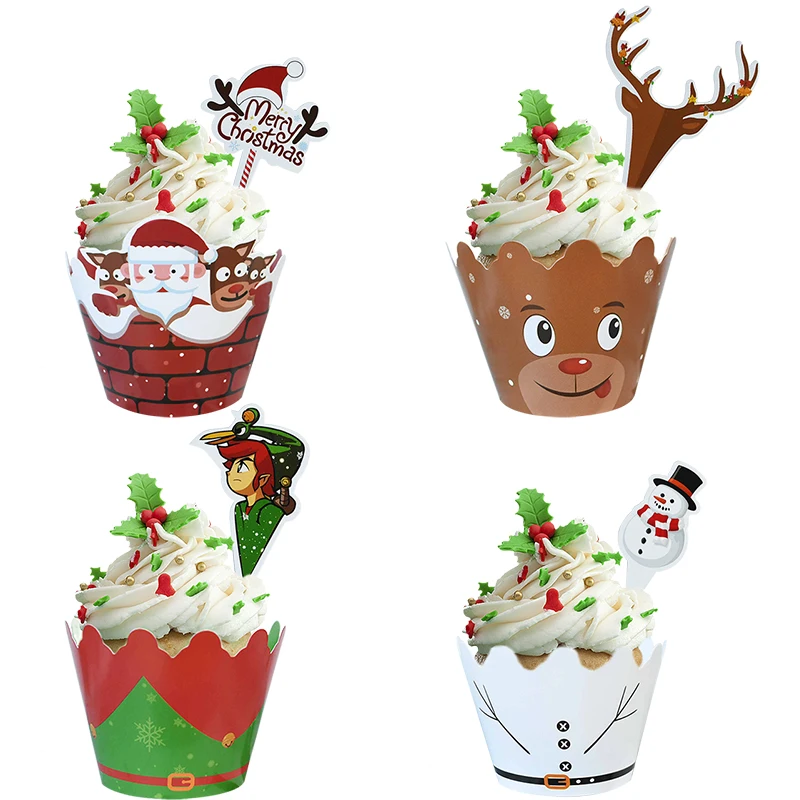

12pcs Christmas Cupcake Toppers Wrappers Xmas Home Party Supplies Snowman/Santa Claus/Reindeer/Elf topper cake