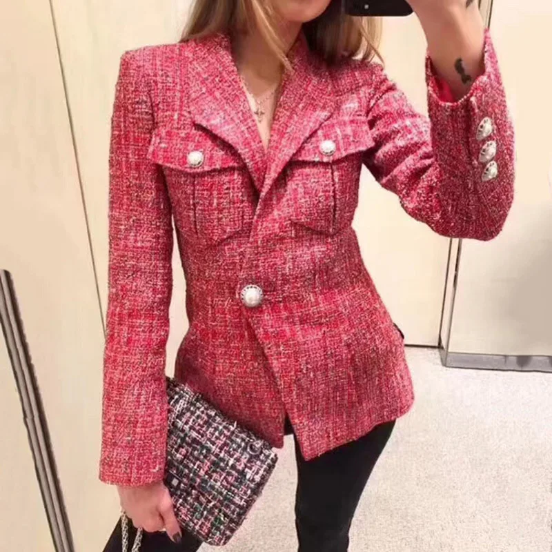 HarleyFashion Высокое качество для знаменитостей Женская тонкая красная твидовая Куртка Верхняя одежда с одной пуговицей Модный Роскошный Блейзер
