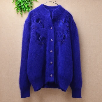 

Fashion Autumn women female beauty embroidery pattern vintage pure Angora rabbit hair knitting sweater cardigans coat winter