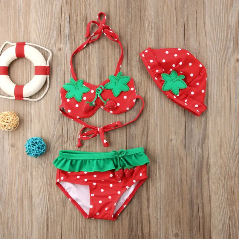 

Cute Baby Gilr Strawberry Bikini Set Kids Halter Top Swimwear Swimsuit Cap 3Pcs Bathing Suit Summer Beachwear Biquini