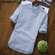 INCERUN хлопковая Льняная мужская рубашка с длинными рукавами, однотонный высококачественный уличный воротник-стойка, мужская деловая рубашка, платье, повседневная Camisa