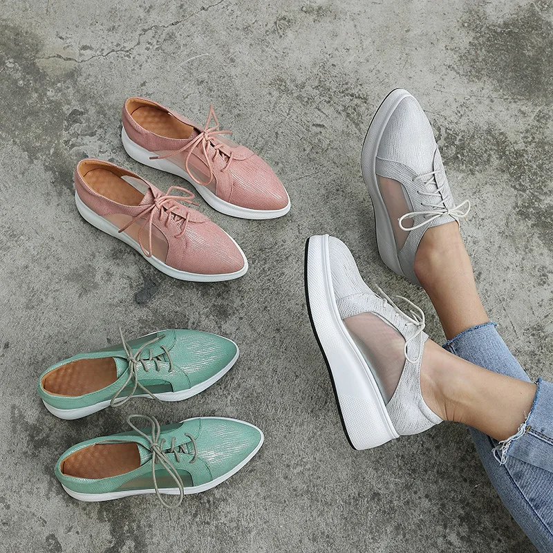 

2019 Spring New Style WOMEN'S Shoes Genuine Leather Pointed-Toe Thick Bottomed Platform Shoes Elevator Casual Shoes Lace-up Thic