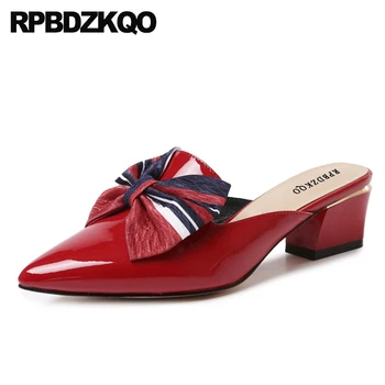 

pointed toe green japanese patent leather autumn medium heels block luxury brand shoes women bow red genuine 2019 pumps thick