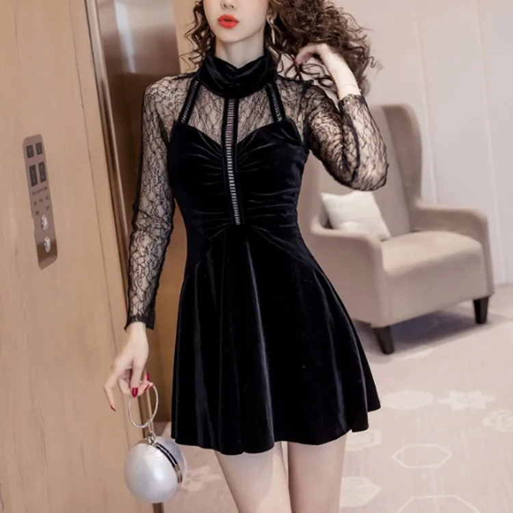 

2019 Spring Clothing New Style WOMEN'S Dress-Stand Collar Velvet Joint Lace Long Sleeve A- line Short Skirt Dress
