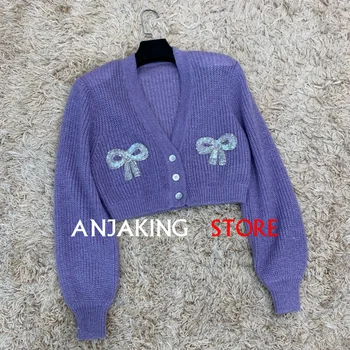 

2020 Mohair Cardigan Spring Autumn Top Long Sleeve V-Neck Cardigan High Quality Bowknot sequined casual knitted cardigan Women's