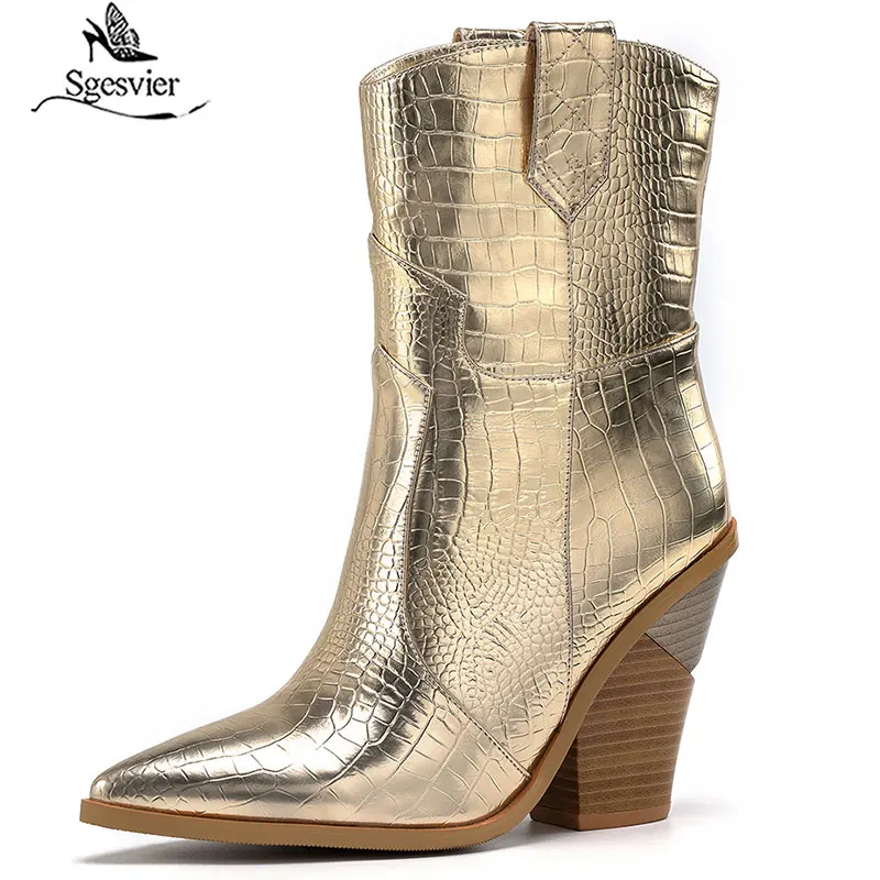 Botas de tacón alto grueso para mujer, botines a la moda, color dorado y  plateado, otoño e invierno, talla 33 46|Botas hasta el tobillo| - AliExpress