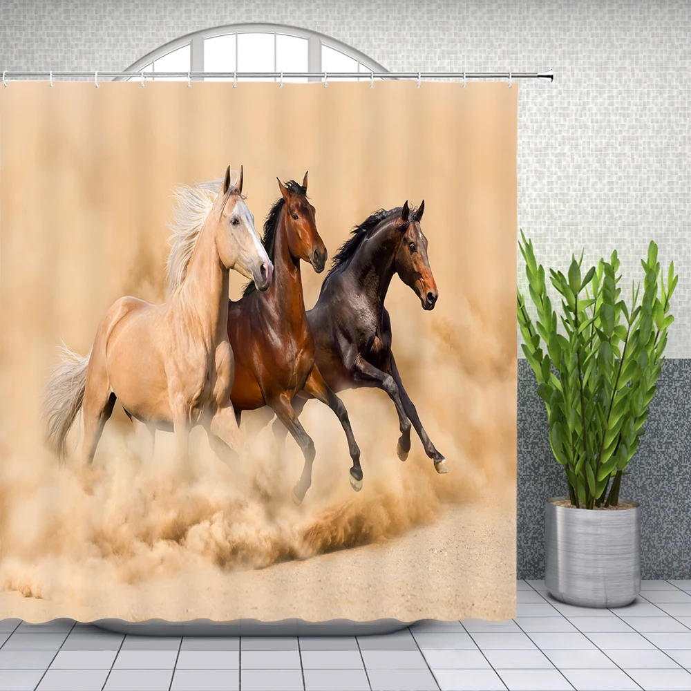 Black White Horse Shower Curtains Strong Animal Running on the Snow Bathroom Decor Home Bathtub Waterproof Polyester Curtain Set